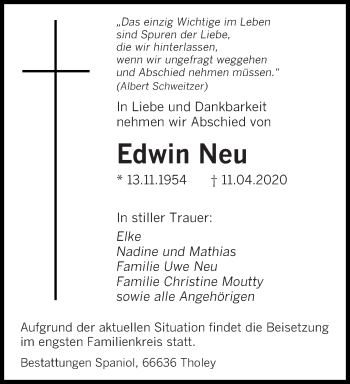 Todesanzeige von Edwin Neu von saarbruecker_zeitung