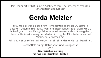 Todesanzeige von Gerda Meizler von saarbruecker_zeitung