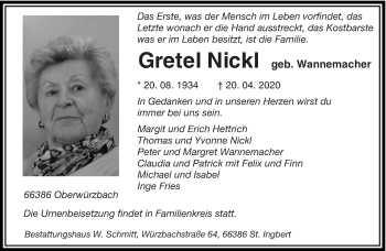 Todesanzeige von Gretel Nick von saarbruecker_zeitung