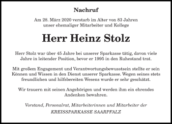 Todesanzeige von Heinz Stolz von saarbruecker_zeitung