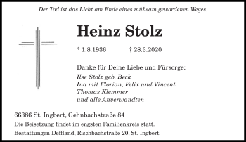 Todesanzeige von Heinz Stolz von saarbruecker_zeitung