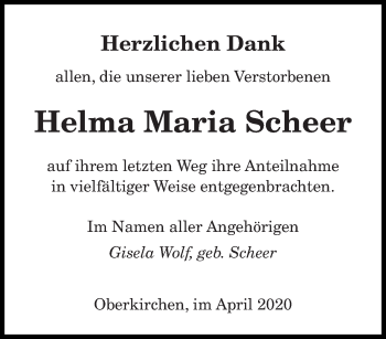 Todesanzeige von Helma Maria Scheer von saarbruecker_zeitung