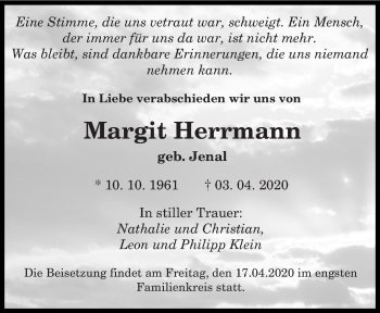 Todesanzeige von Margit Herrmann von saarbruecker_zeitung