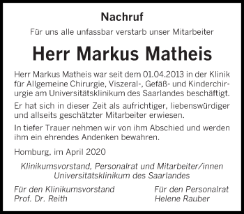 Todesanzeige von Markus Matheis von saarbruecker_zeitung