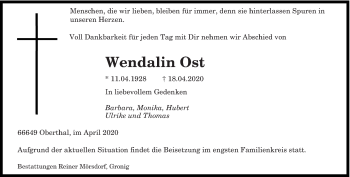 Todesanzeige von Wendalin Ost von saarbruecker_zeitung