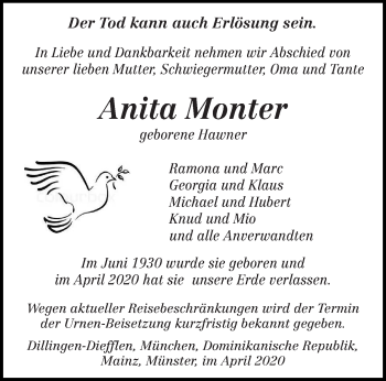 Todesanzeige von Anita Monter von saarbruecker_zeitung