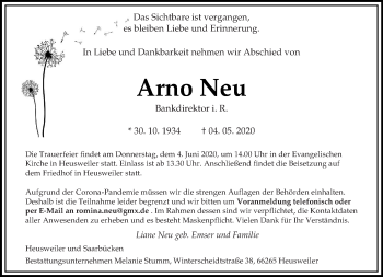 Todesanzeige von Arno Neu von saarbruecker_zeitung