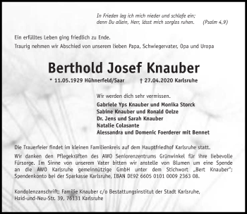 Todesanzeige von Berthold Josef Knauber von saarbruecker_zeitung