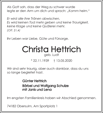 Todesanzeige von Christa Hettrich von saarbruecker_zeitung