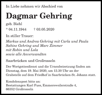 Todesanzeige von Dagmar Gehring von saarbruecker_zeitung