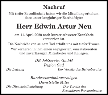 Todesanzeige von Edwin Artur Neu von saarbruecker_zeitung