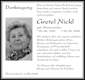 Todesanzeige von Gretel Nickl von saarbruecker_zeitung