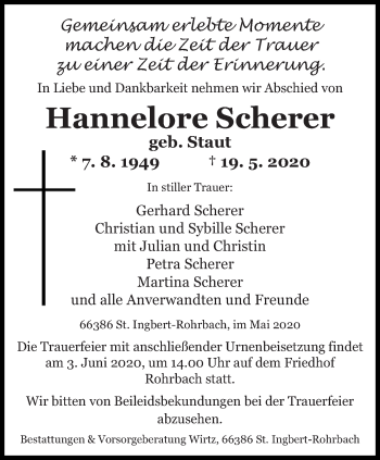 Todesanzeige von Hannelore Scherer von saarbruecker_zeitung