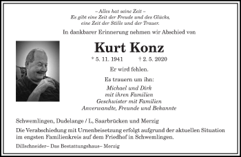 Todesanzeige von Kurt Konz von saarbruecker_zeitung