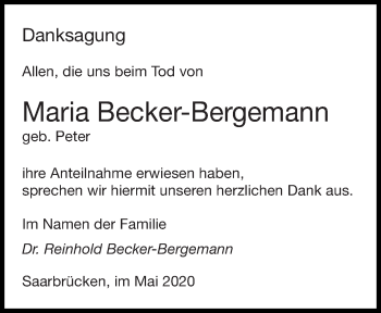 Todesanzeige von Maria Becker-Bergemann von saarbruecker_zeitung