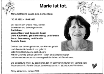 Todesanzeige von Maria-Katharina Gauer von saarbruecker_zeitung