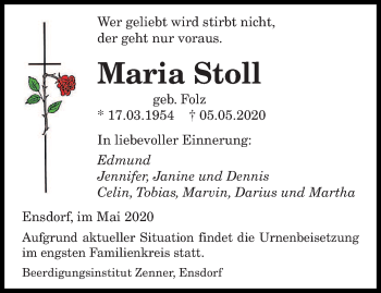Todesanzeige von Maria Stoll von saarbruecker_zeitung