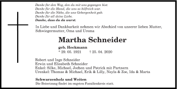 Todesanzeige von Martha Schneider von saarbruecker_zeitung