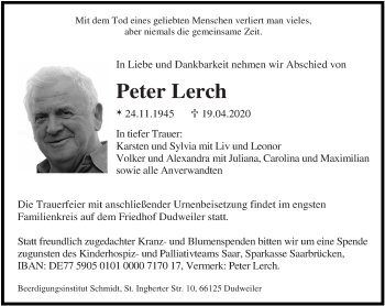Todesanzeige von Peter Lerch von saarbruecker_zeitung
