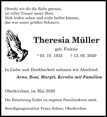Todesanzeige von Theresia Müller von saarbruecker_zeitung