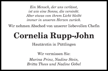 Todesanzeige von Cornelia Rupp-John von saarbruecker_zeitung