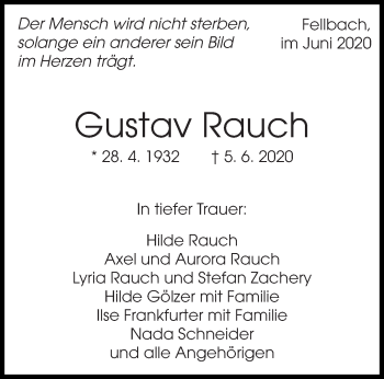 Todesanzeige von Gustav Rauch von saarbruecker_zeitung