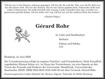 Todesanzeige von Gérard Rohr von saarbruecker_zeitung