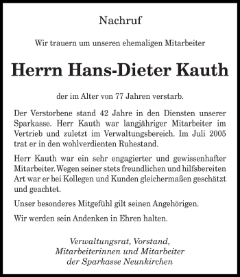 Todesanzeige von Hans-Dieter Kauth von saarbruecker_zeitung