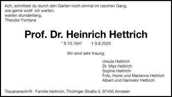 Todesanzeige von Heinrich Hettrich von saarbruecker_zeitung