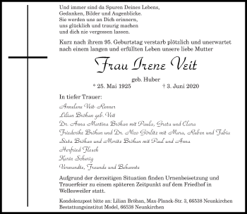 Todesanzeige von Irene Veit von saarbruecker_zeitung