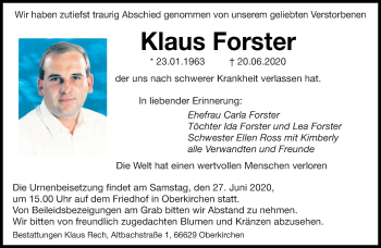 Todesanzeige von Klaus Forster von saarbruecker_zeitung