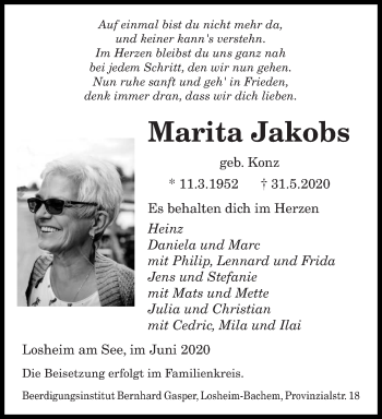 Todesanzeige von Marita Jakobs von saarbruecker_zeitung