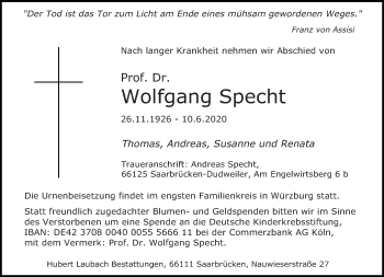 Todesanzeige von Wolfgang Specht von saarbruecker_zeitung