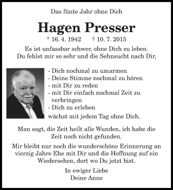 Todesanzeige von Hagen Presser von saarbruecker_zeitung