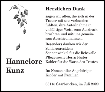 Todesanzeige von Hannelore Kunz von saarbruecker_zeitung