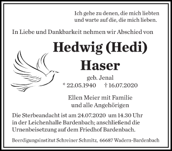 Todesanzeige von Hedwig Haser von saarbruecker_zeitung