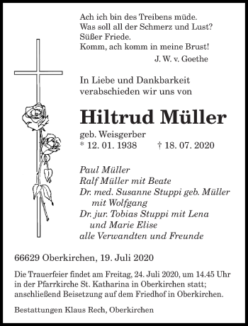 Todesanzeige von Hiltrud Müller von saarbruecker_zeitung