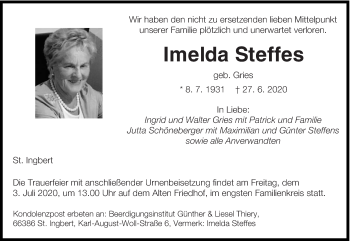 Todesanzeige von Imelda Steffes von saarbruecker_zeitung