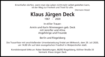 Todesanzeige von Klaus Jürgen Deck von saarbruecker_zeitung