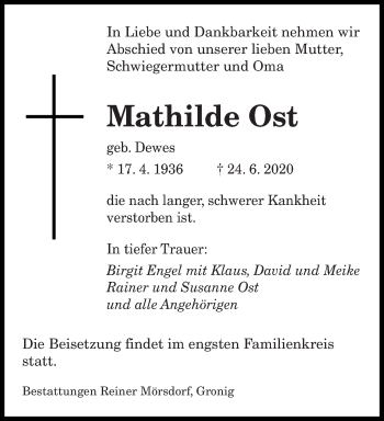 Todesanzeige von Mathilde Ost von saarbruecker_zeitung
