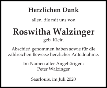 Todesanzeige von Roswitha Walzinger von saarbruecker_zeitung