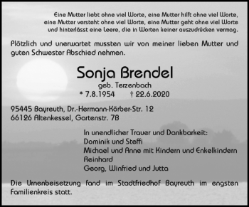 Todesanzeige von Sonja Brendel von saarbruecker_zeitung