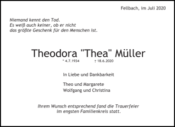 Todesanzeige von Theodora  Müller von saarbruecker_zeitung