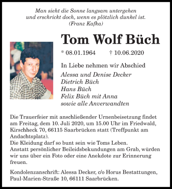 Todesanzeige von Tom  Wolf Büch von saarbruecker_zeitung