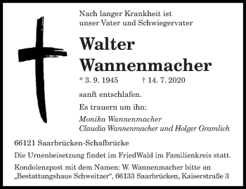 Todesanzeige von Walter Wannenmacher von saarbruecker_zeitung