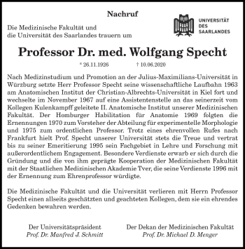 Todesanzeige von Wolfgang Specht von saarbruecker_zeitung