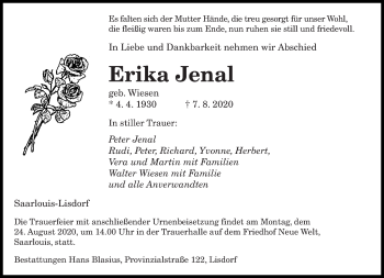 Todesanzeige von Erika Jenal von saarbruecker_zeitung