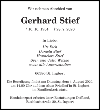 Todesanzeige von Gerhard Stief von saarbruecker_zeitung