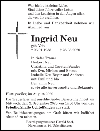 Todesanzeige von Ingrid Neu von saarbruecker_zeitung