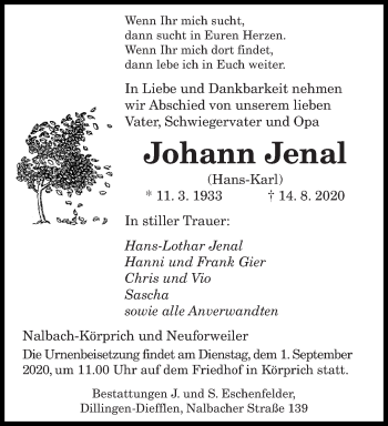 Todesanzeige von Johann Jenal von saarbruecker_zeitung
